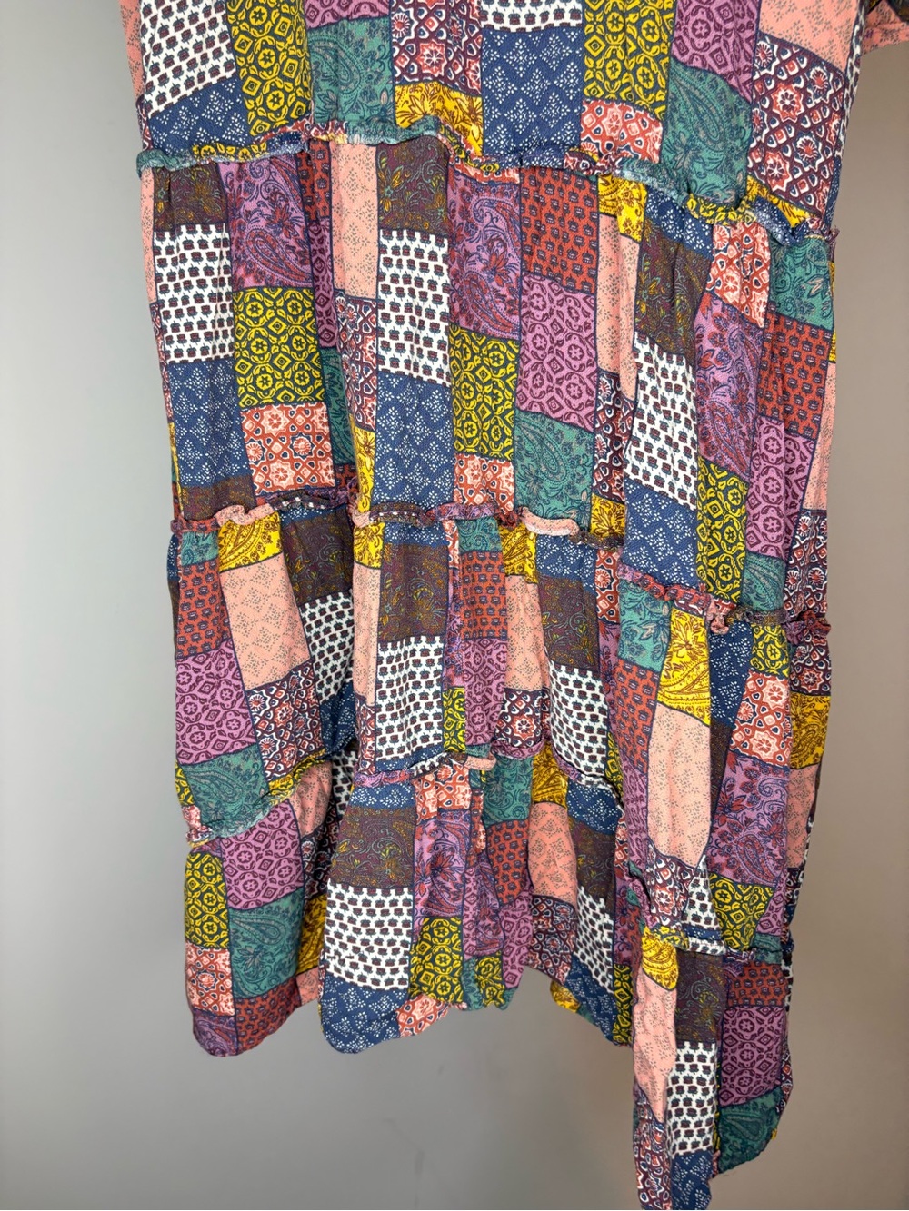 dip Multicolor Boho Patchwork Short Sleeve Tiered Dress Size 2X - Picture 4 of 7
